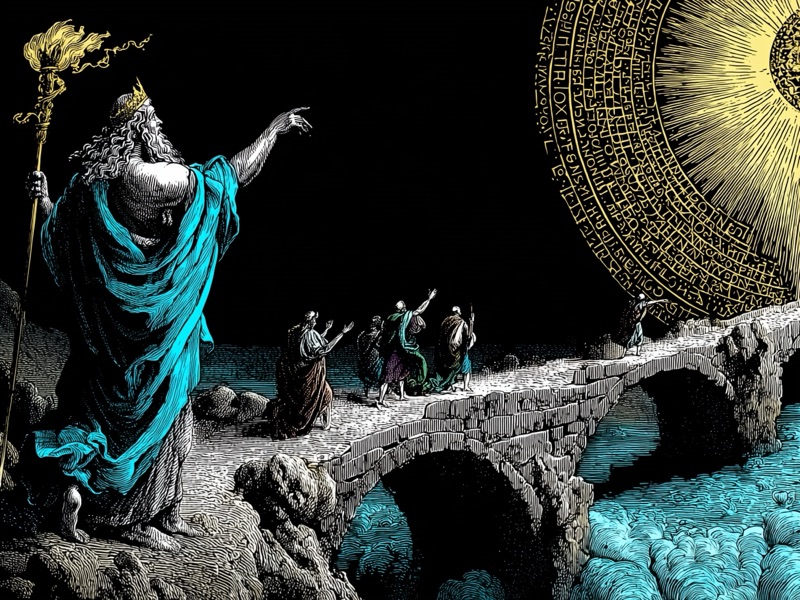 Renaissance-style illustration of a leader guiding others across a bridge