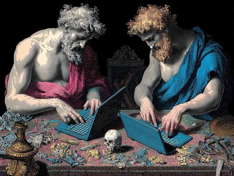 Renaissance-style illustration of figures working together at a bench with modern tools