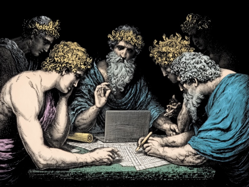 Renaissance-style illustration of diverse professionals gathered in discussion